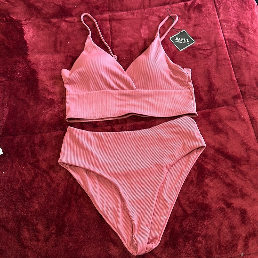 Ribbed High Cut Surplice Bikini High Waisted Two Piece Swimsuit
